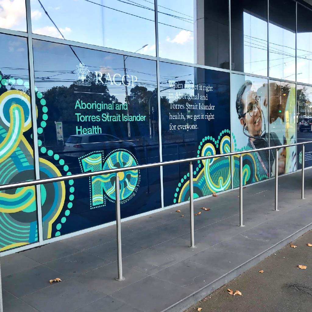 Window Graphics on the front windows of the RACGP building in Melbourne