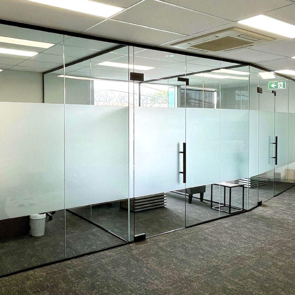 Silver etch window film, band on office partitions