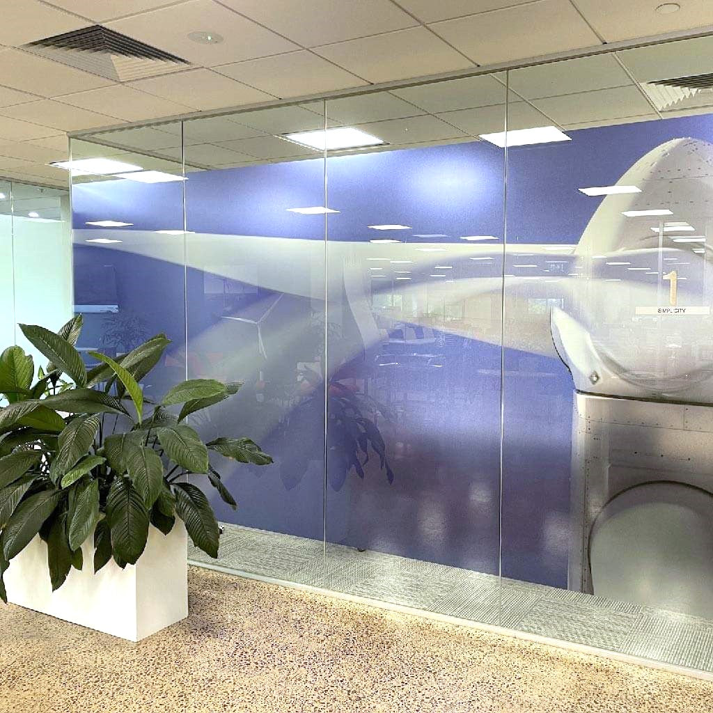 Vestas office glass partitions with custom printed window film